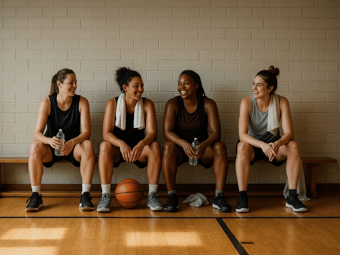 Basketballspielerinnen sitzen auf der Bank nach dem Training